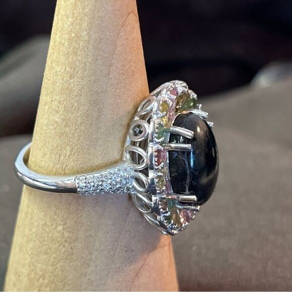 Black & Multi Color Tourmaline Natural Zircon Halo Platinum Sterling Silver Ring - Picture 7 of 13